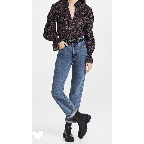 Free People Meant To Be Smocked Blouse Floral Black Combo Peasant Boho - Picture 5 of 9